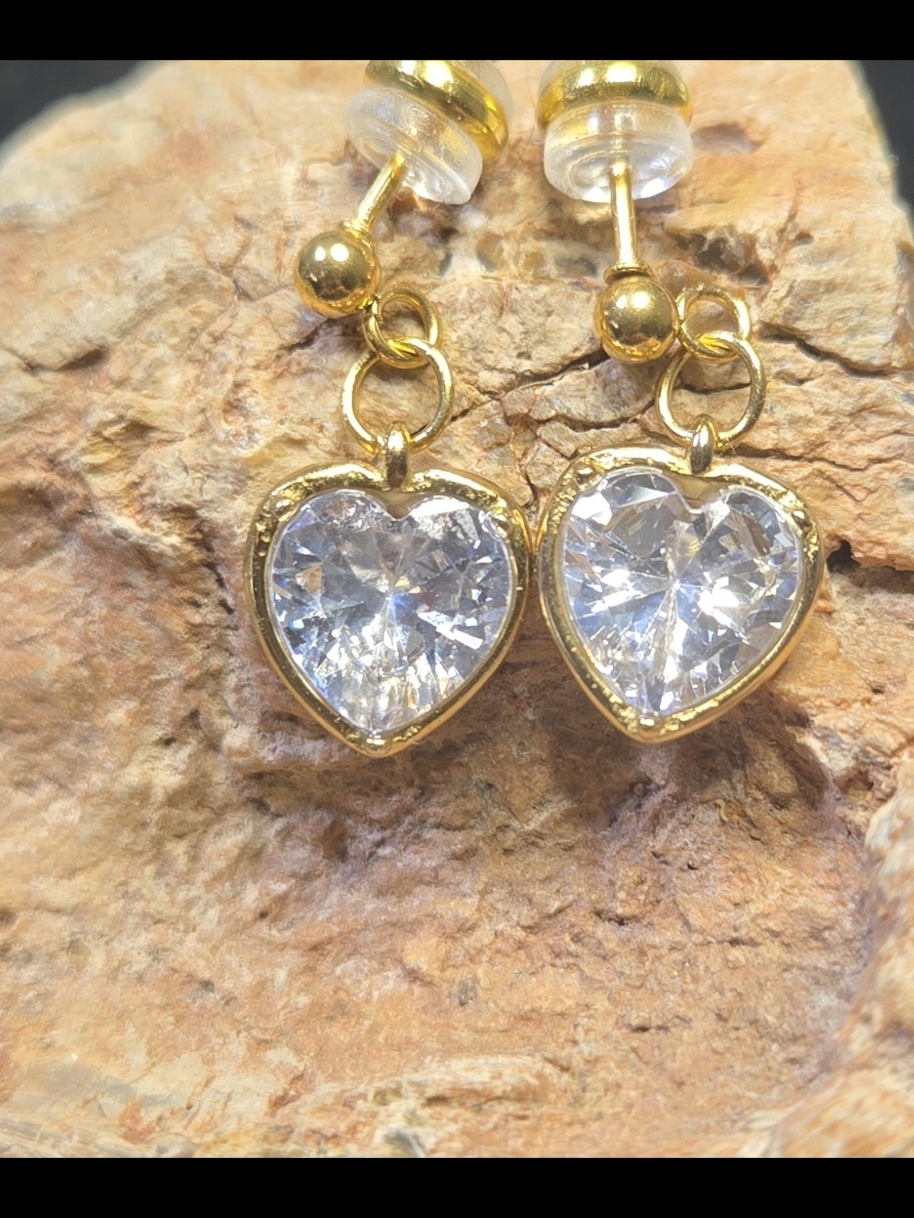 Hand Crafted Gold Heart Drop Earrings with Clear Stones NWOT
